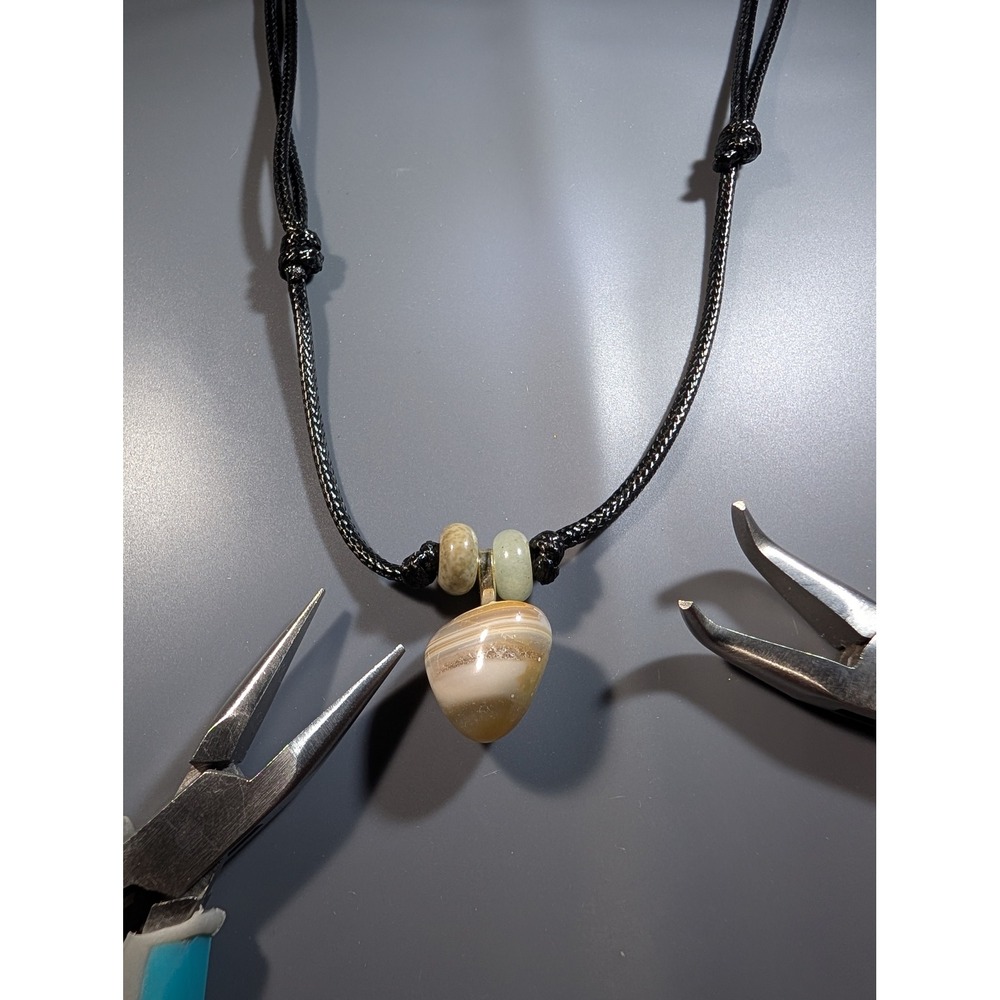 Banded Agate Pendant Necklace Adjustable Black Cord Boho Earthy Stone Jewelry